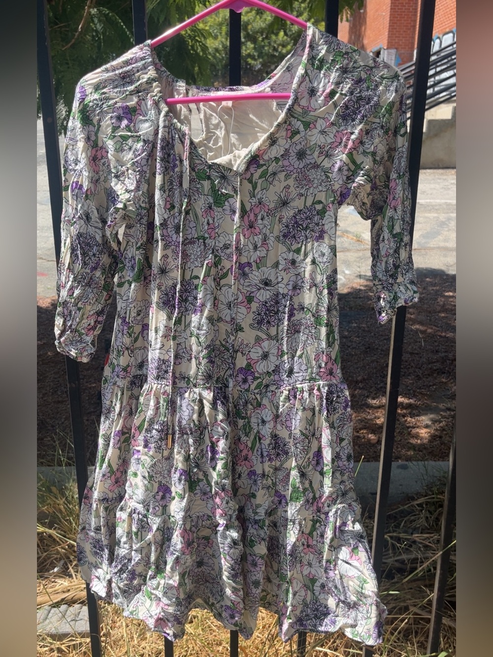 Ivy City Co. Floral Tiered Dress in Cream, Pink, Purple & Green